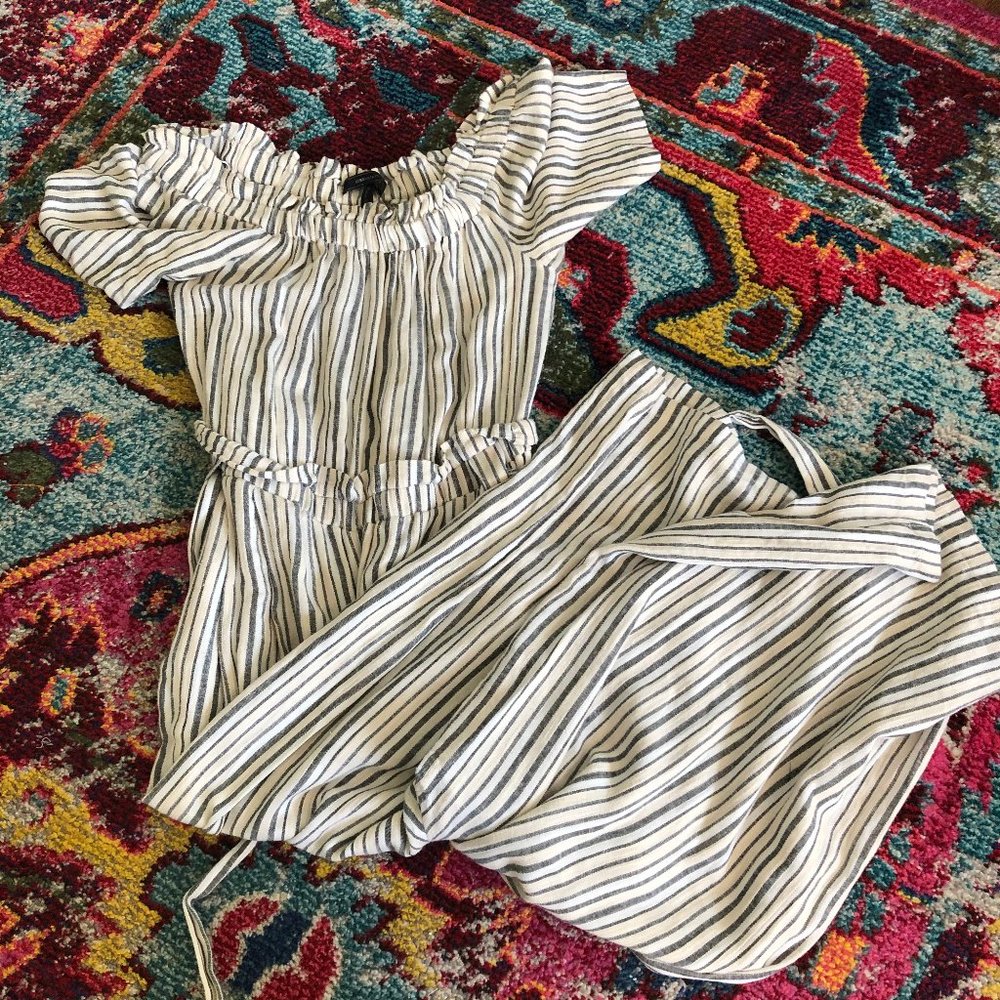 striped off the shoulder jumpsuit